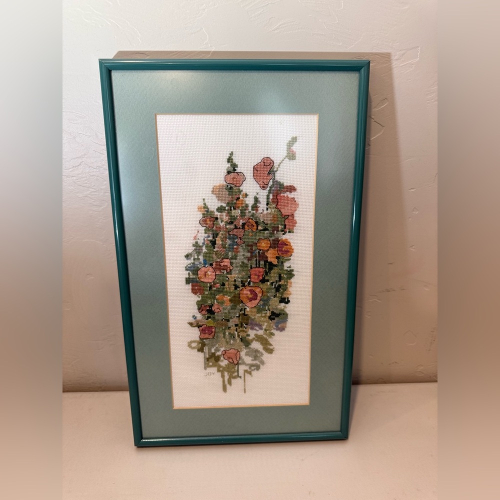 Vintage Floral Cross Stitch Large Professional Frame ~16” H Wall mount